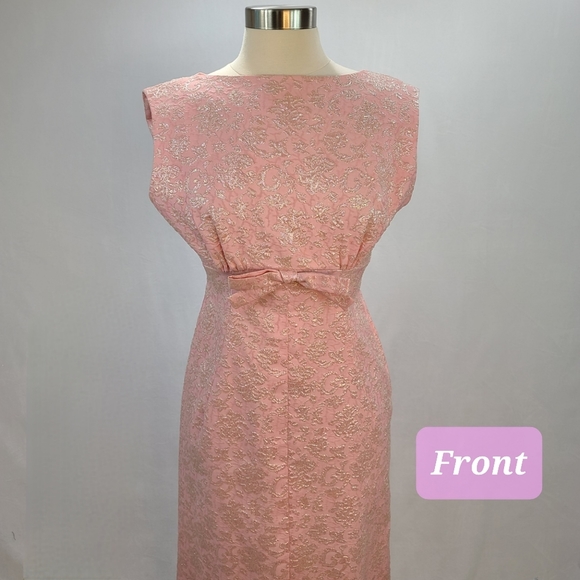 1960s Vintage Dress Pastel Pink Iridescent Jacquard Fabric Floral Design (SZ 6) - Picture 7 of 17